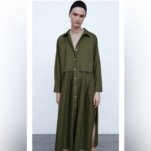 Zara NWT Olive Green Long Sleeve Pleated Dress with double slit Size Small